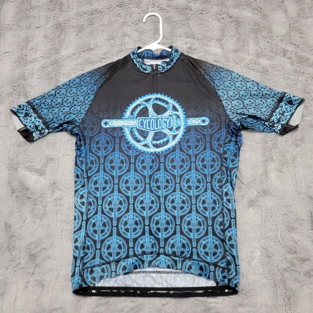 Cycology Performance Cycling Jersey Mens M-L Blue Full Zip Bike Graphic Shirt